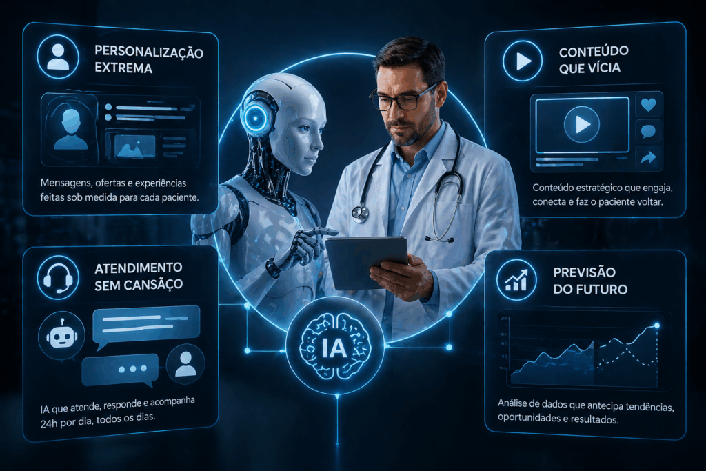 IA no marketing médico potencializa sua clínica com personalização extrema, conteúdo que vicia, atendimento sem cansaço e previsão do futuro.